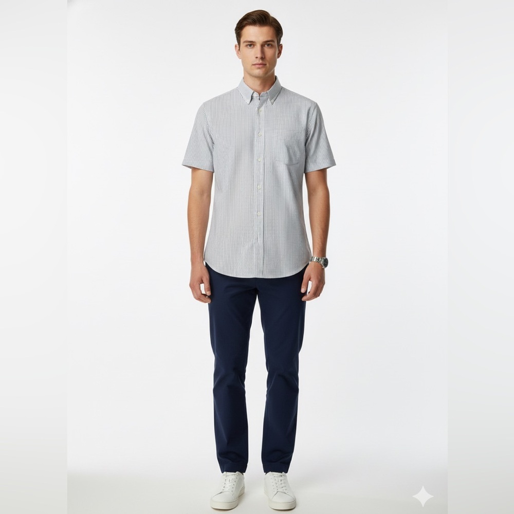 RBM Collection Blue White Pinstripe Oxford Shirt Short Sleeve Size 15.5